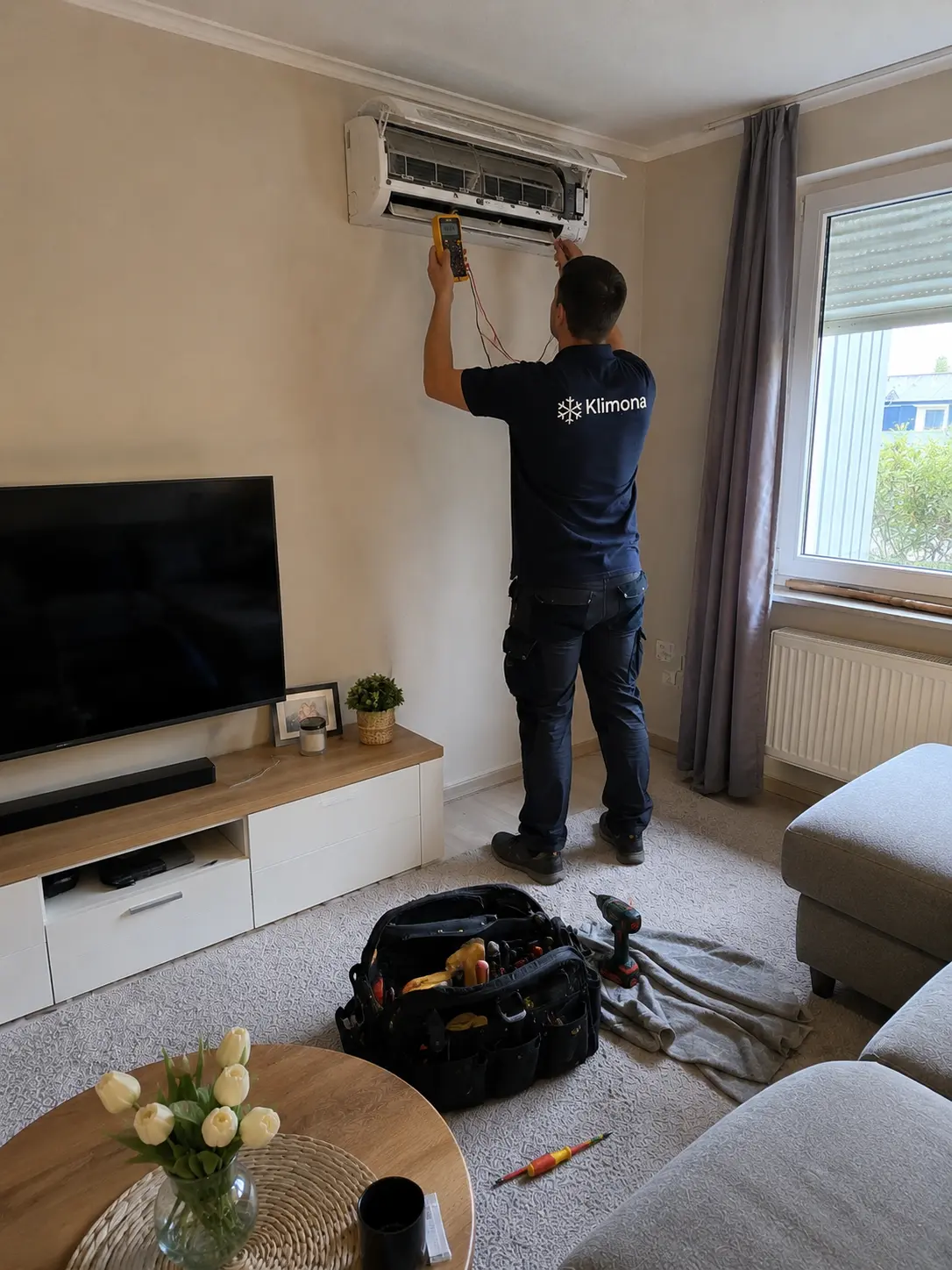 Klimona Techniker prüft eine Inneneinheit im Wohnzimmer